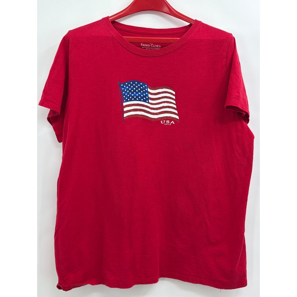 Faded Glory Red American Flag USA 2013 Glitter Graphic T-Shirt 2X 18W-20W